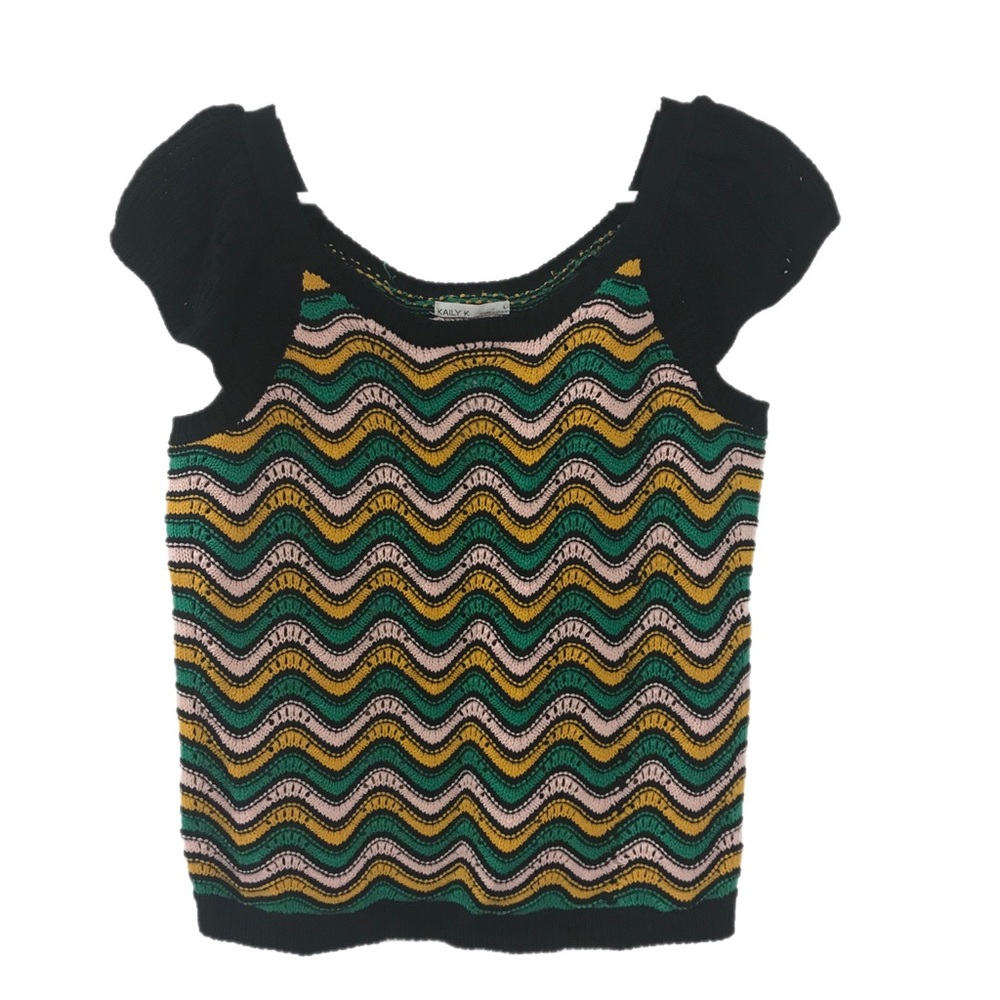 Kaily K Green Black Cap Sleeve Chevron Print Sweater